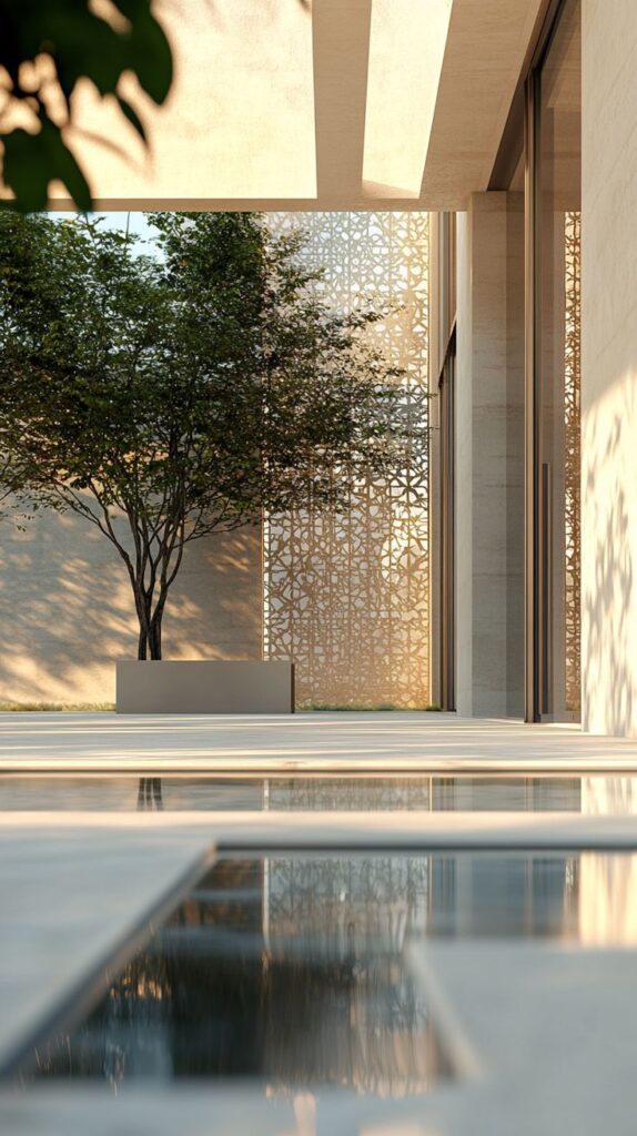 Modern courtyard with tree and patterned wall, reflecting in sleek water feature, bathed in natural light.