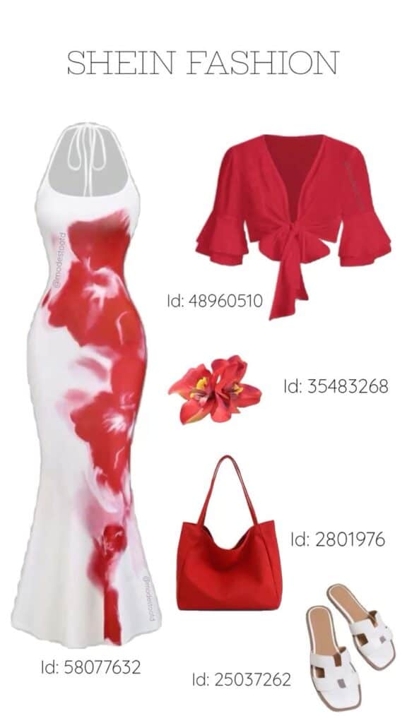 Red and white floral dress with matching red top, bag, flower accessory, and white sandals from Shein fashion.