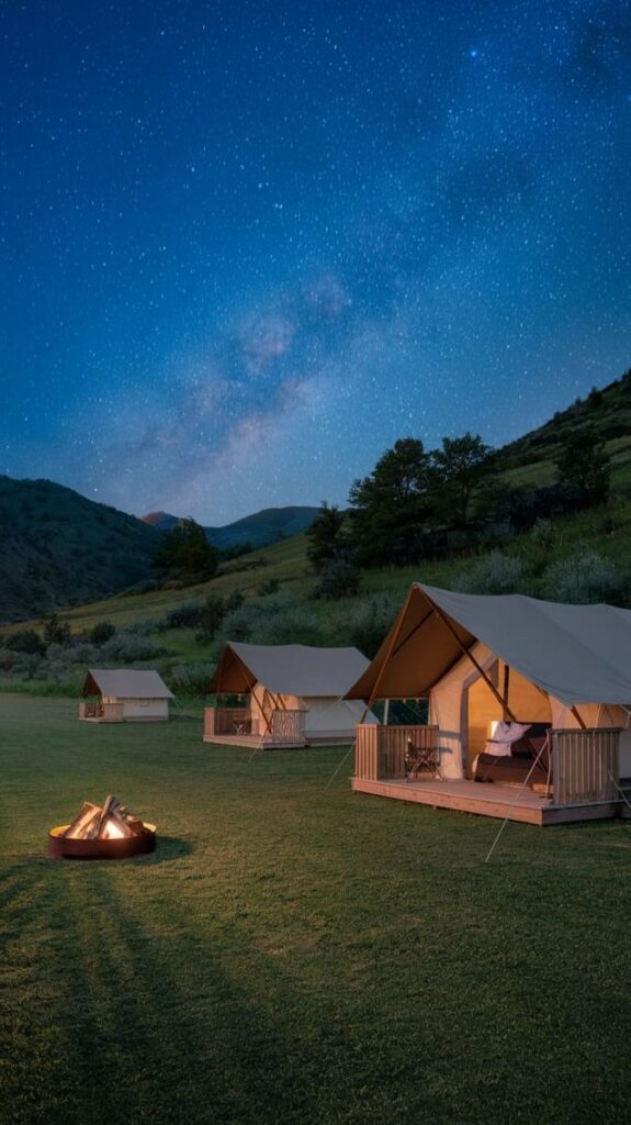 Glamping tents under a starry night sky with a campfire, set in a serene mountain landscape.