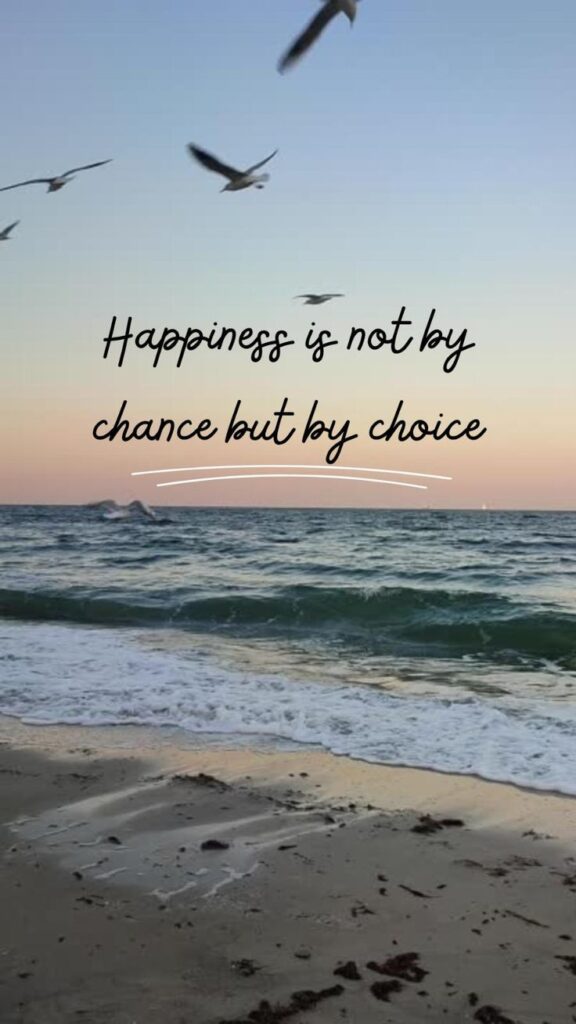 Seagulls over ocean sunset with a motivational quote: Happiness is not by chance but by choice.