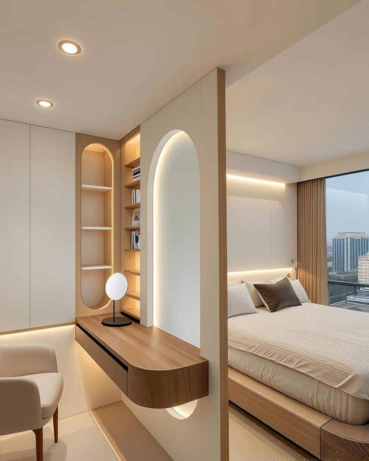Multifunctional Spaces 1 Modern minimalist bedroom with bed, built-in shelving, elegant desk, and large window view. | Sky Rye Design Modern minimalist bedroom with bed, built-in shelving, elegant desk, and large window view.
