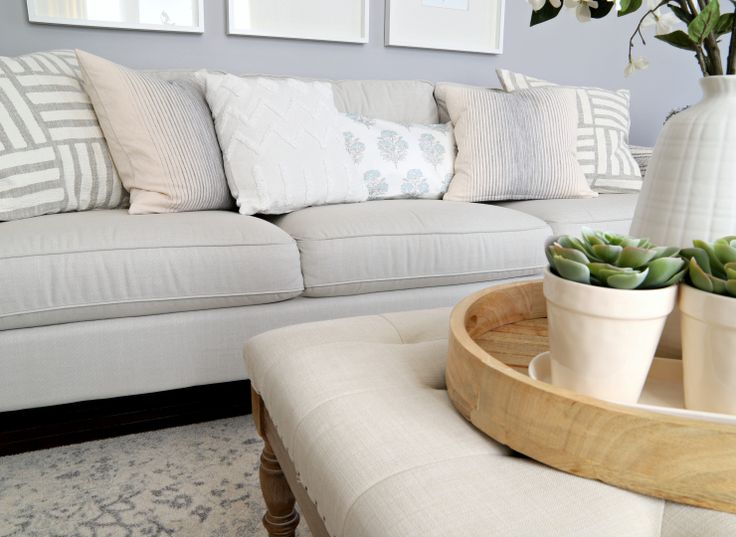 Neutral-tone living room with stylish pillows on couch and a tray with plants on ottoman; modern decor setup.