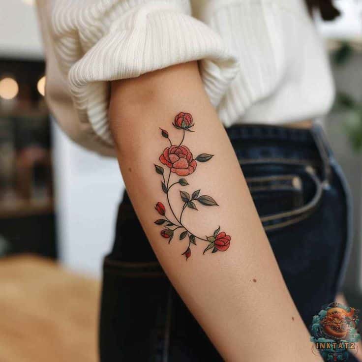 Floral tattoo featuring red and green leaves on a person's forearm, wearing a white sweater and jeans.