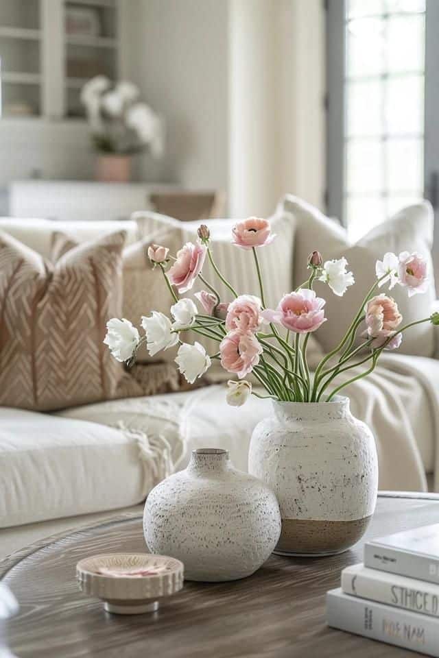 Elegant living room with pink and white flowers in rustic vases on a wooden table, cozy pillows on the cream sofa.