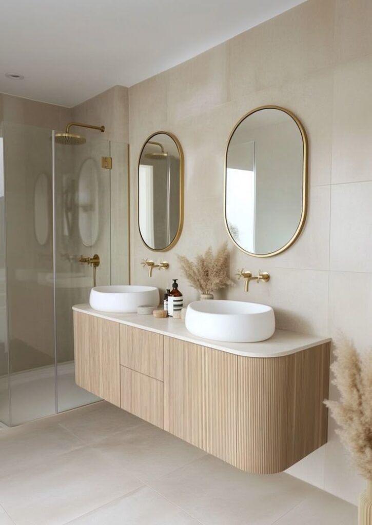 Modern bathroom with dual sinks, gold mirrors, and glass shower. Minimalist design with wooden accents and pampas grass.