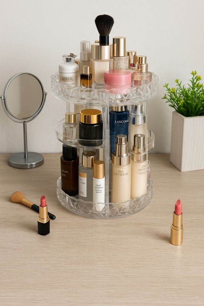 Rotating makeup organizer with cosmetics and lipsticks on a vanity table, mirror and plant in background.
