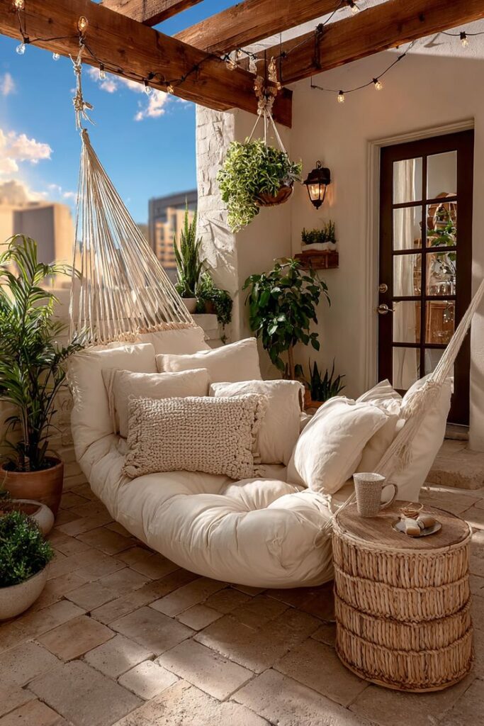 Cozy balcony with a hammock sofa, plants, and a rustic table, perfect for relaxing in a modern outdoor setting.