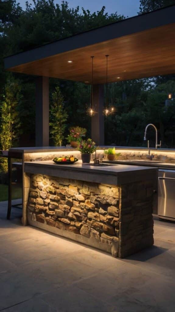 Outdoor kitchen with stone bar, under warm lights, featuring a sink and fresh plants, set against a leafy backdrop.