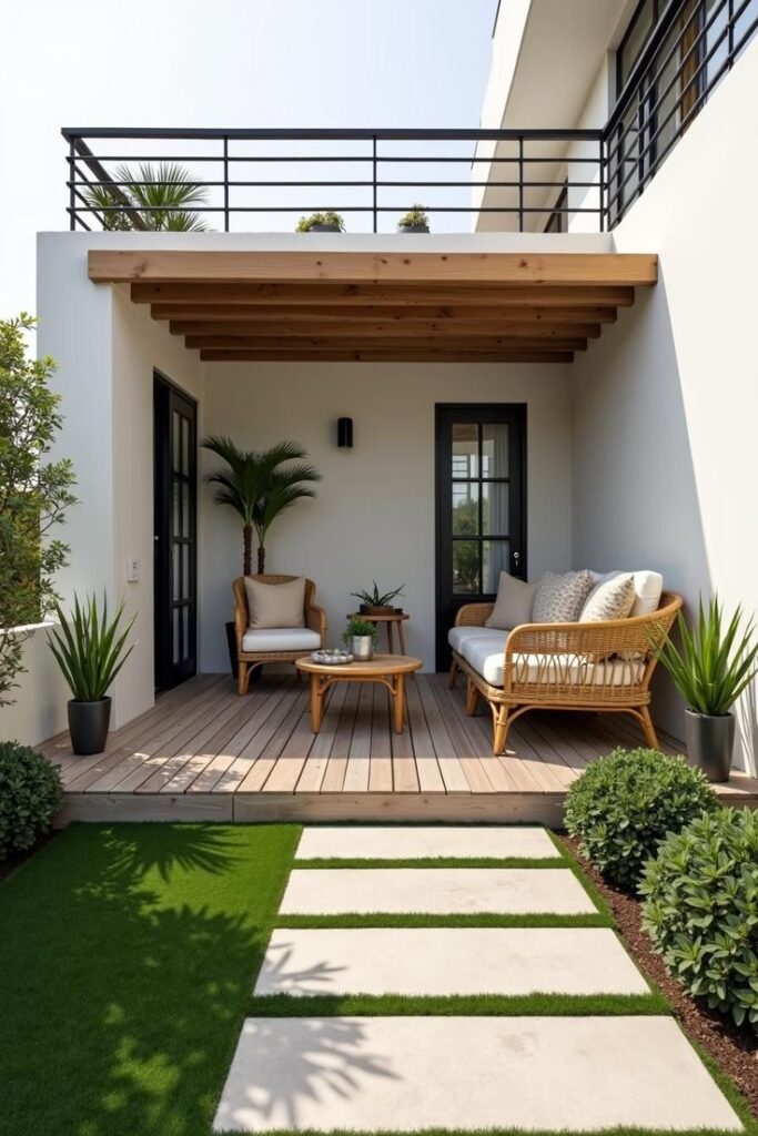 Modern patio with wooden pergola, cozy seating, green plants, and stone path on grass. Perfect outdoor relaxation space.