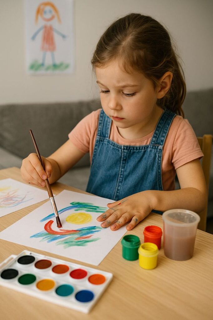 Child painting with watercolors at a table, enhancing creativity and art skills.