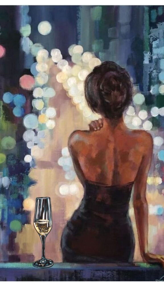 Painting of a woman in a black dress overlooking city lights with a glass of champagne next to her.