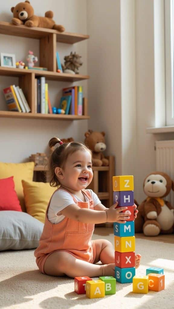 Baby playing with colorful alphabet blocks in a cozy room with toys and books on a shelf.