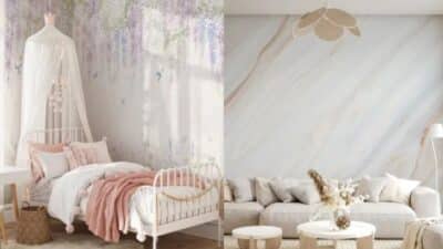 Charming bedroom and living room with floral and neutral decor, featuring cozy textiles and elegant wall designs.