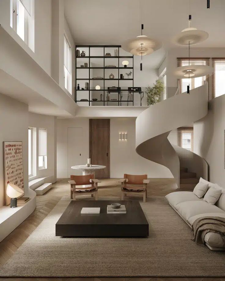 Modern living room with spiral staircase, minimalist furniture, and large windows providing natural light.