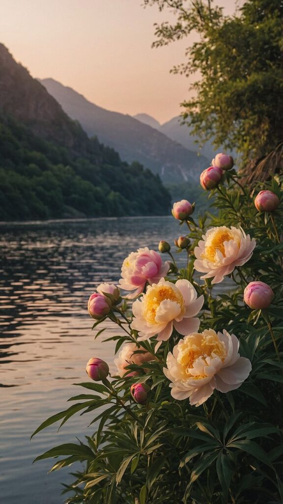 Peony Paradise_ Aesthetic Flower Wallpapers for Every Device Blooming peonies by a serene lakeside at sunset with mountain backdrop. | Sky Rye Design Blooming peonies by a serene lakeside at sunset with mountain backdrop.