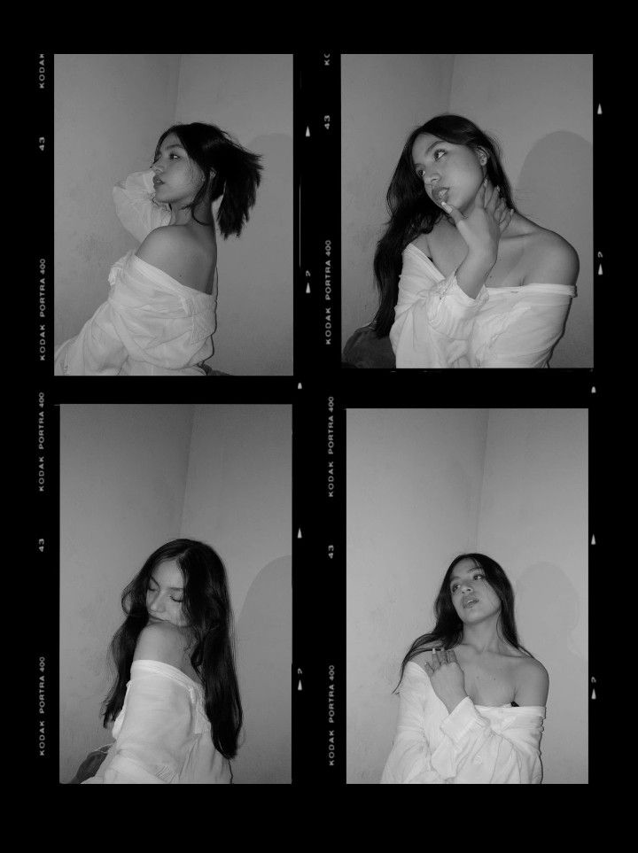 Black and white photo series of a woman in various poses wearing an off-shoulder shirt, evoking a vintage aesthetic.