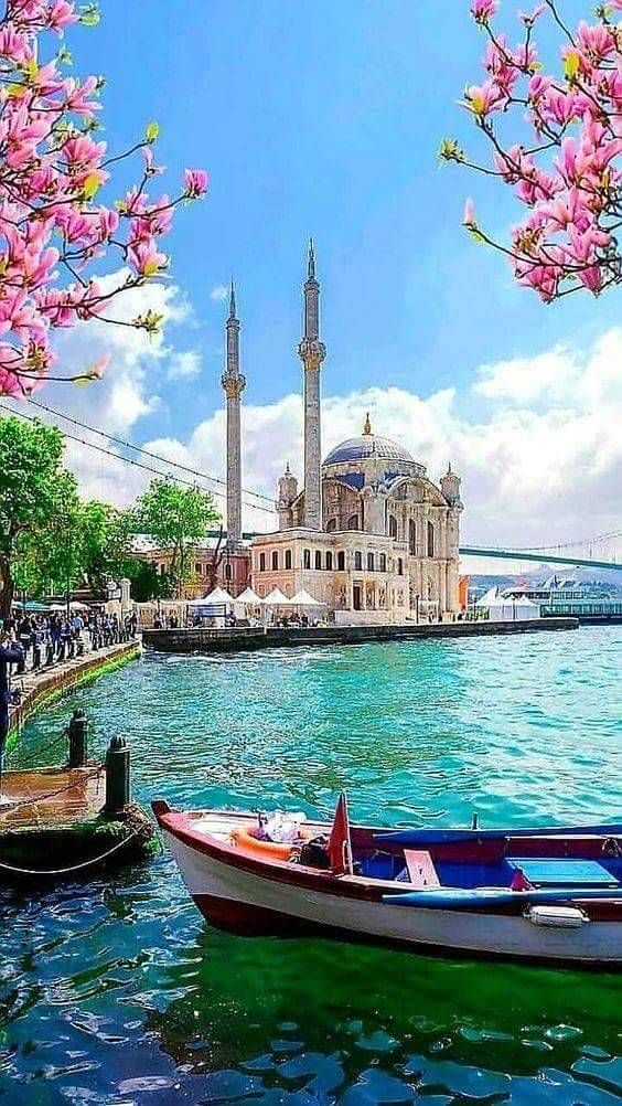 Colorful boat on turquoise waters near iconic mosque with blooming trees, under a bright blue sky.