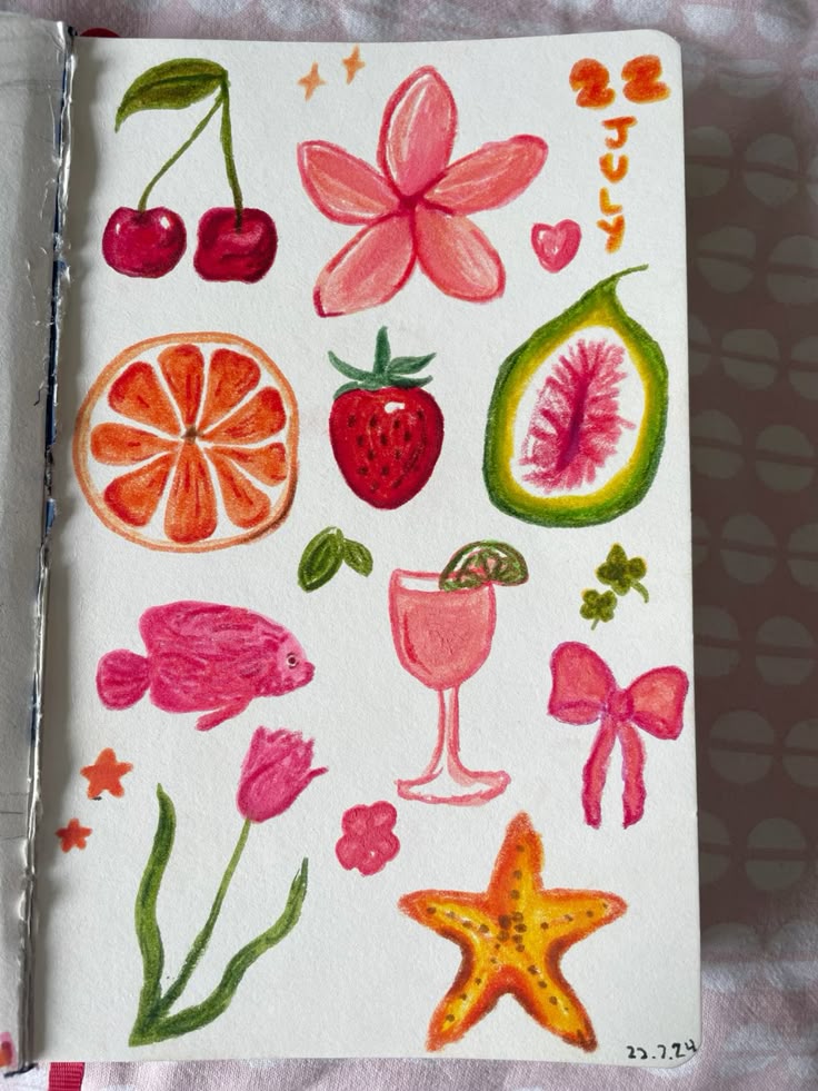 Colorful hand-drawn summer-themed illustrations of fruits, flowers, and sea life on a page, dated 22 July 2024.