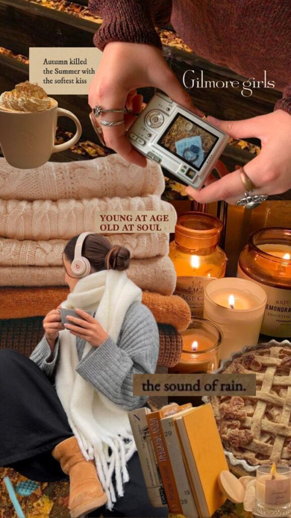 Autumnal cozy collage with Gilmore Girls, books, candles, warm drinks, and blankets, embodying fall vibes and relaxation.