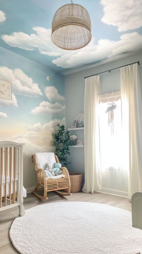 Nursery room with cloud mural, wicker chair, crib, and cozy decor under a woven light fixture.