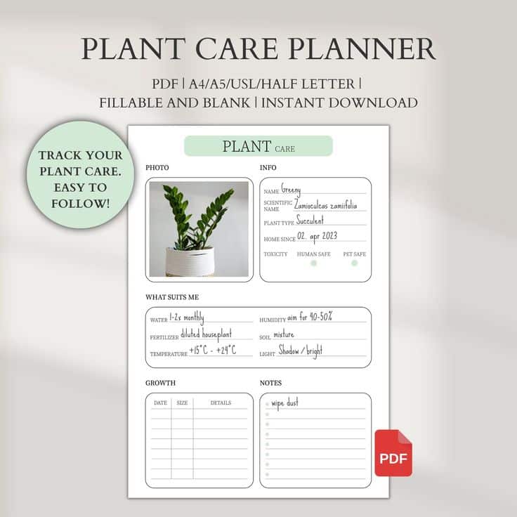 Printable plant care planner template for succulents with care instructions and notes section in PDF format.