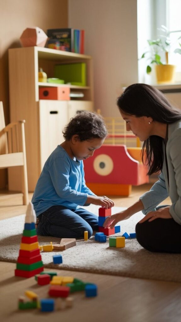 Child and adult building with colorful blocks in a cozy room, fostering creativity and learning development.