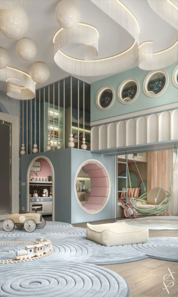 Modern children's playroom with pastel colors, circular designs, and cozy seating.