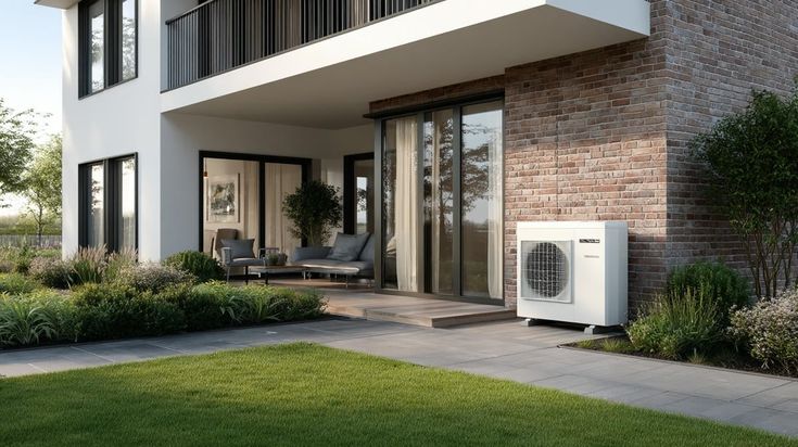Modern house exterior with patio, green lawn, and air conditioning unit on brick wall.