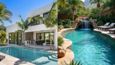Modern luxury home with pool, tropical backyard with waterfall, palm trees, and lounge chairs for a relaxing retreat.