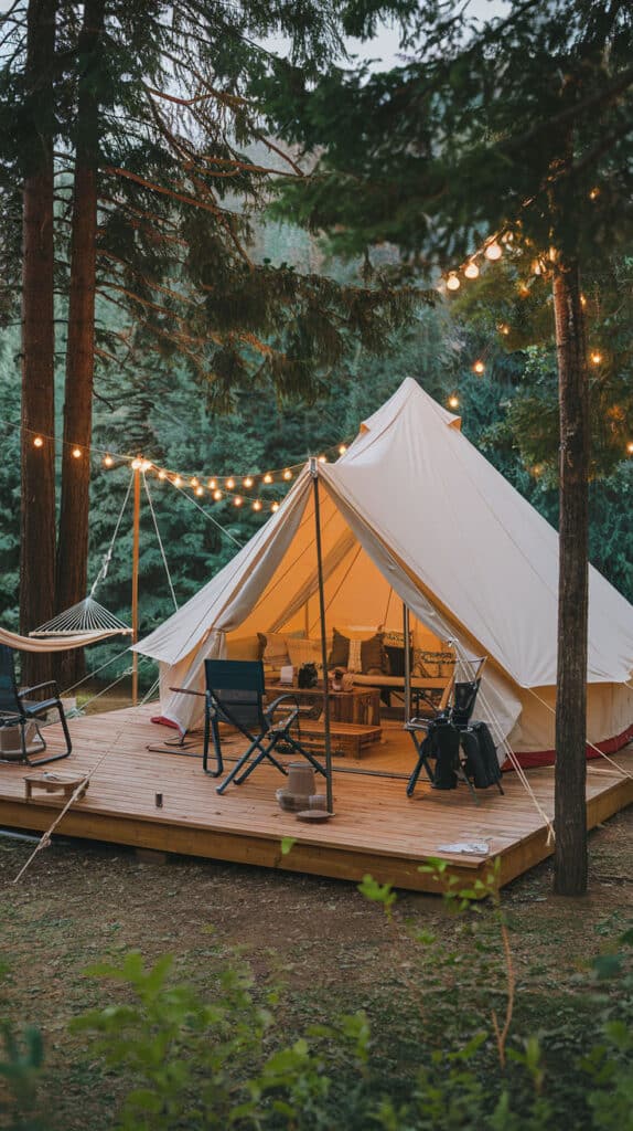 Practical 15+ Camping Setup Ideas Every Camper Needs Cozy glamping tent on wooden deck in forest, surrounded by string lights and chairs, peaceful nature retreat. | Sky Rye Design Cozy glamping tent on wooden deck in forest, surrounded by string lights and chairs, peaceful nature retreat.