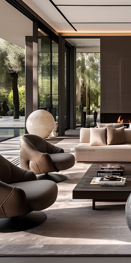 Modern living room with plush chairs, a beige sofa, coffee table, and floor-to-ceiling windows overlooking greenery.