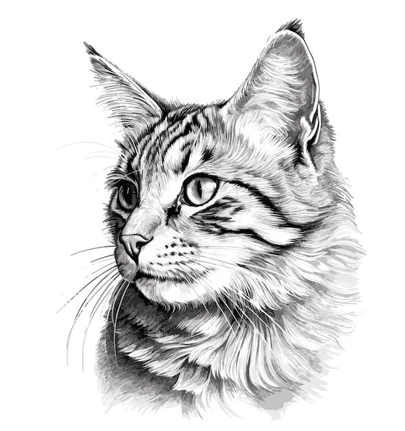Premium Vector _ Fluffy cat head sitting and looking drawn ruckl sketch in engraving style Vector illustration | Sky Rye Design