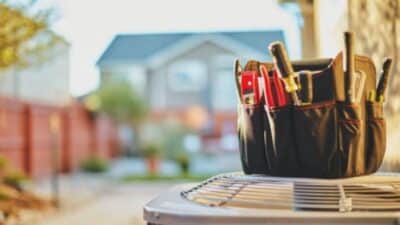 Tool bag with various tools placed on an outdoor air conditioning unit near a residential house.