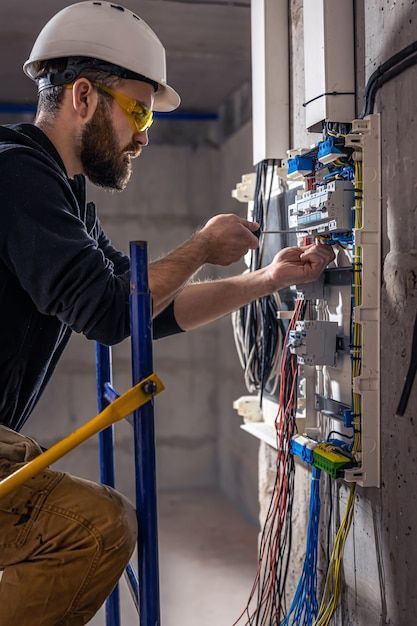 Electrician wearing safety gear working on a fuse box with multiple wires in an unfinished building.