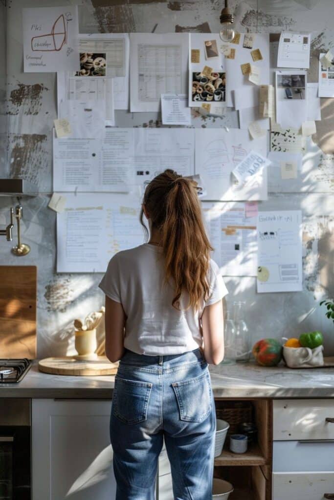 Woman in casual attire analyzing notes on a wall in a well-lit kitchen setting.