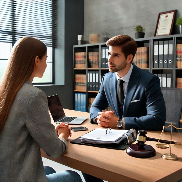 Lawyer consulting with client in office, discussing legal documents and advice.