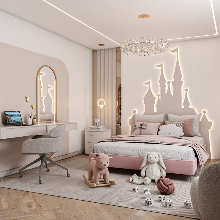 Elegant kids' bedroom with castle-themed decor, pink bed, plush toys, and study desk under a modern chandelier.