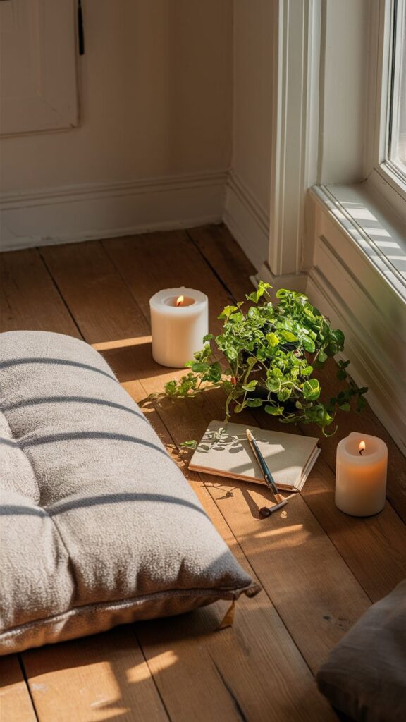 Cozy sunlit corner with a cushion, plant, lit candles, and notebook on wooden floor. Relaxing and peaceful atmosphere.