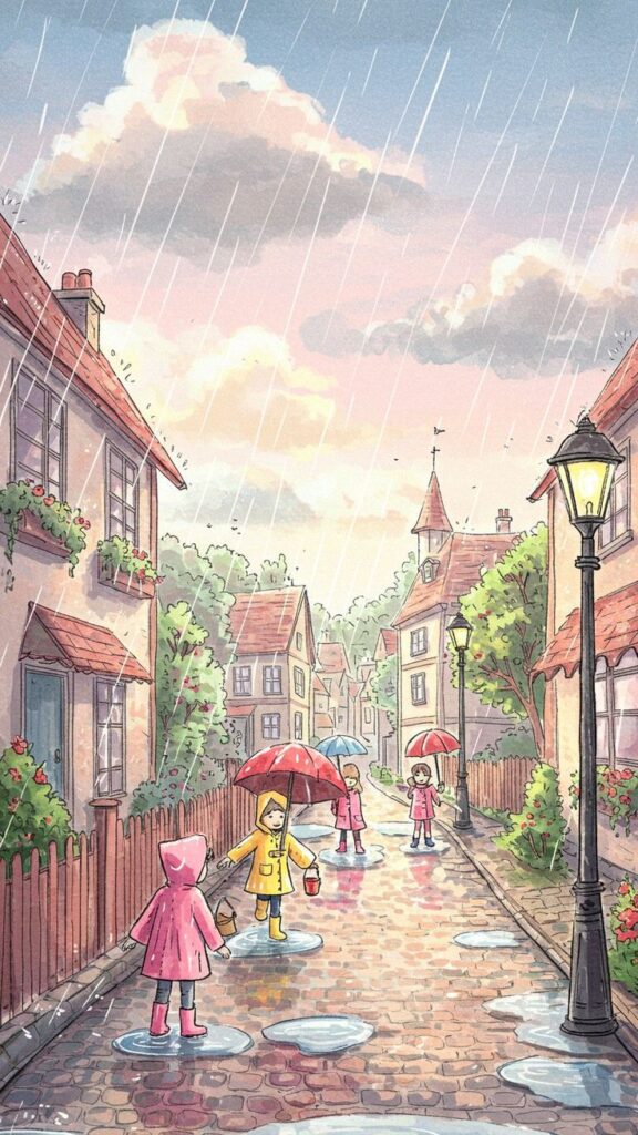 Children playing in rain with umbrellas and raincoats on a quaint village street, puddles reflecting the colorful scene.