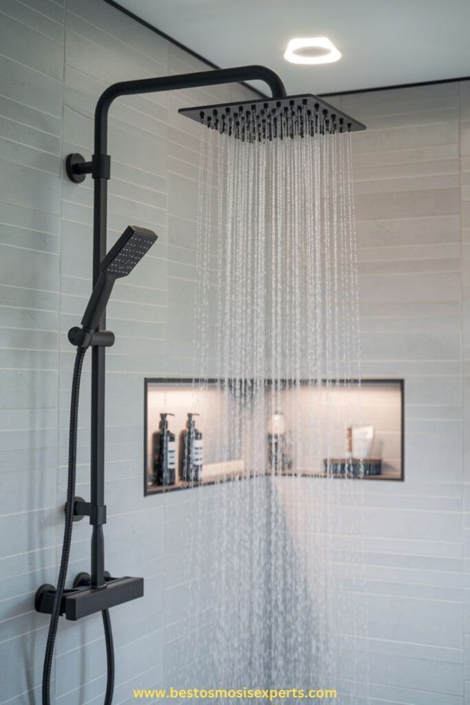Modern black rain showerhead with water flow in a stylish tiled bathroom, featuring a built-in shelf with toiletries.