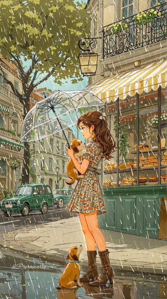 Young woman with umbrella holds a puppy in the rain on a charming street. Vintage car and bakery storefront visible.