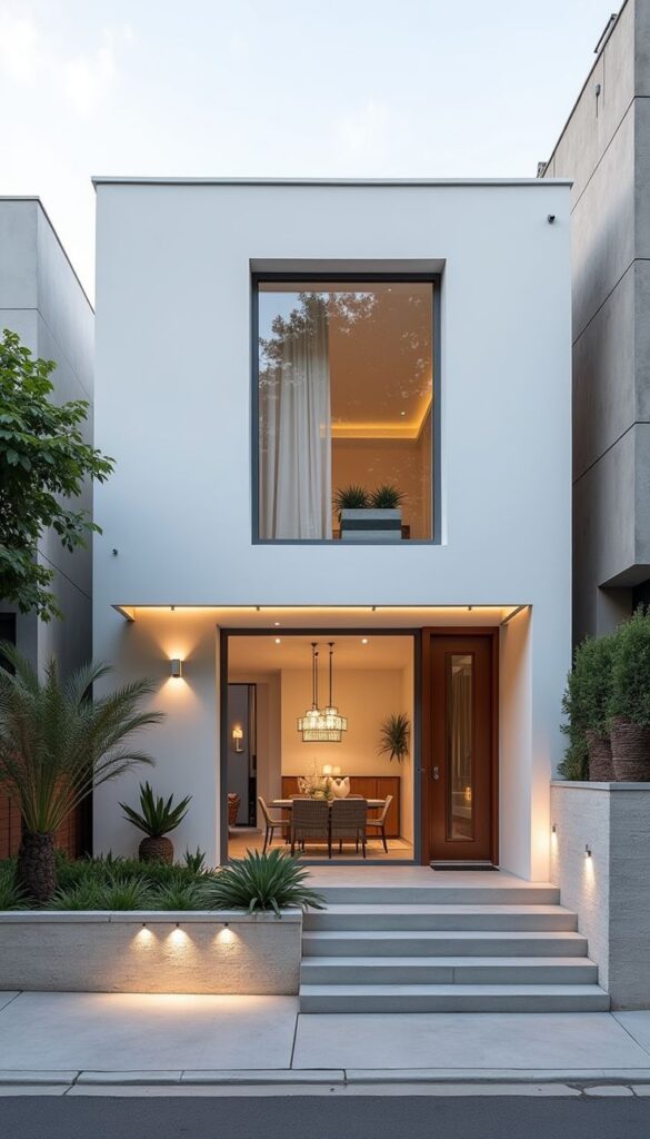 Modern white house exterior with large window, illuminated entrance, and lush landscaping at twilight.