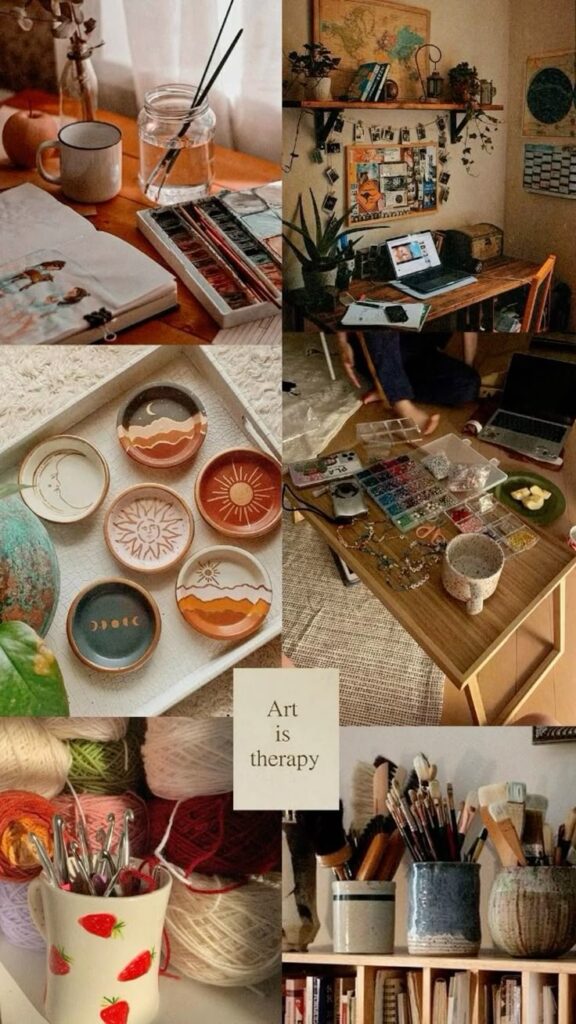 Cozy art workspace collage with crafts, paints, and relaxation. Art is therapy. Creative inspiration and tools.