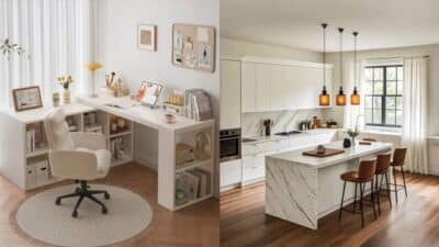 Modern home office and kitchen design with stylish decor, natural light, and minimalist furniture.