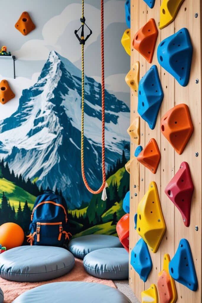 Kids indoor climbing wall with colorful holds, rope, and mountain mural. Perfect for active play and adventure.