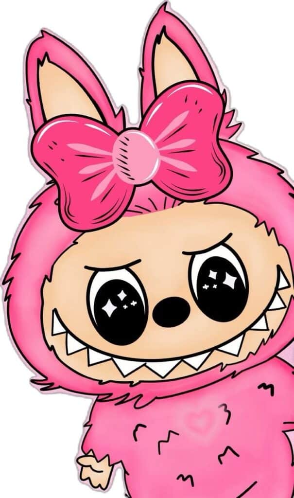 Pink cartoon character with a big bow, sharp teeth, and sparkling eyes, looking playful and mischievous.