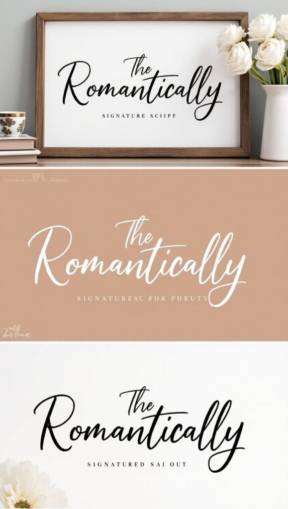 Elegant The Romantically font showcased in different styles with flowers and a wooden frame background.