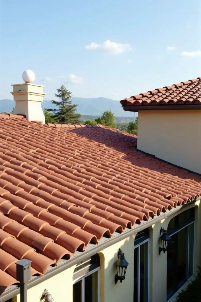 Terracotta roof tiles on a house with clear blue sky and mountain view in the background.