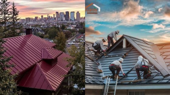 Roofing for Different Climates What Need To Know Red and gray metal roofs with city skyline and construction workers; showcasing residential roofing services. | Sky Rye Design Red and gray metal roofs with city skyline and construction workers; showcasing residential roofing services.