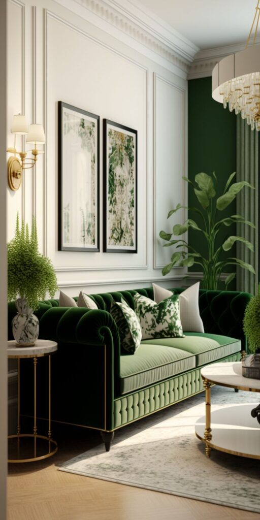 Elegant living room with green velvet sofa, potted plants, chic wall art, and a modern chandelier.